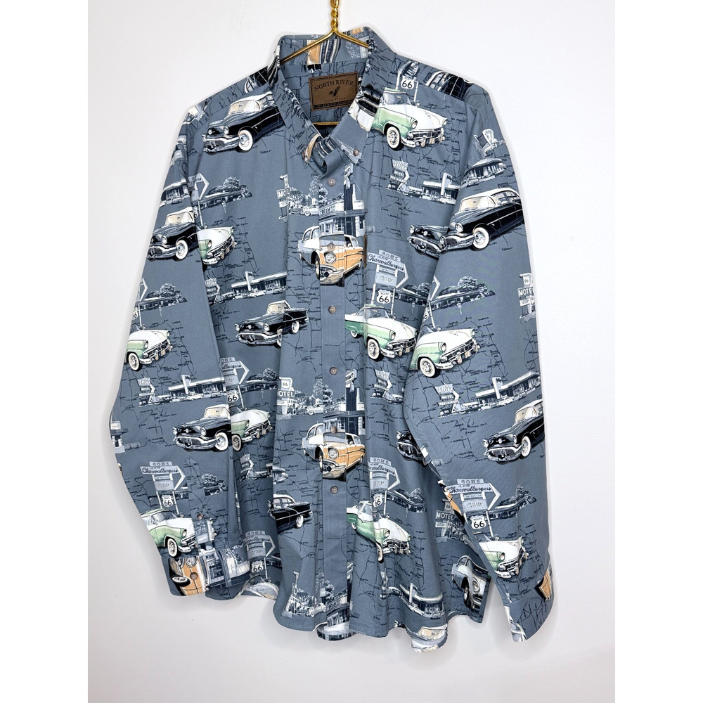 North River Outfitters Blue & White Route 66 Classic Cars Button Down Shirt 2XL
